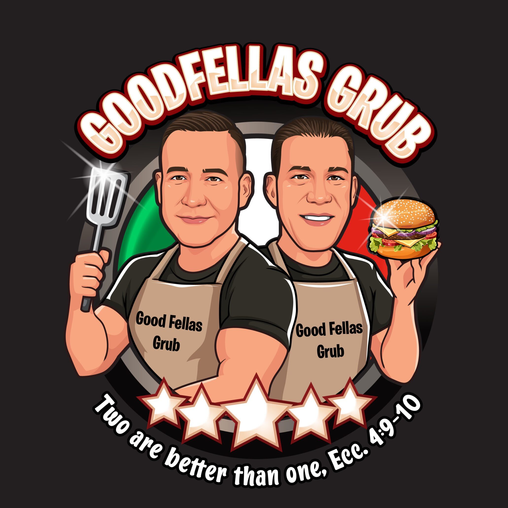 Logo of two men holding food items under 'Goodfellas Grub' text.