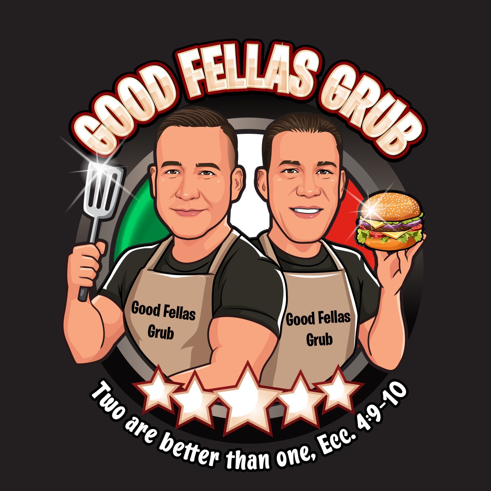 Logo featuring two men holding food, representing Good Fellas Grub.
